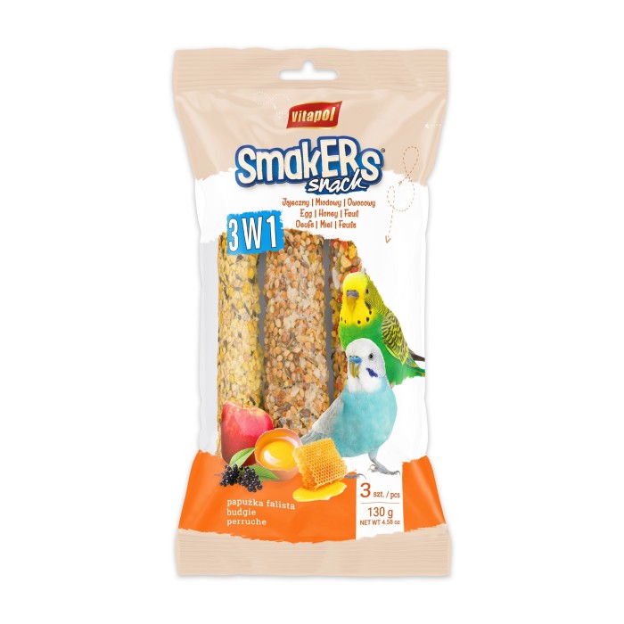 Smakers 3w1 dla papużki falistej w folii, (jajeczny, miodowy, owocowy), 130 g