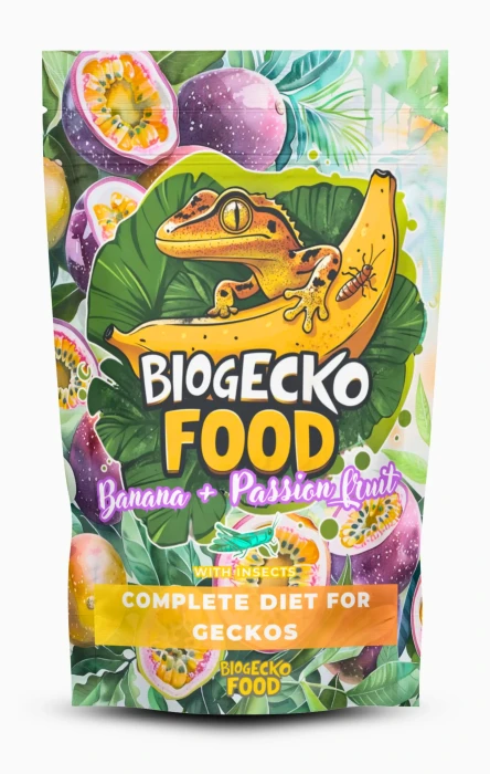BioGecko Food Banana & Passion Fruit + Owady 100 g – pełnoporcjowy pokarm dla gekonów i innych jaszczurek