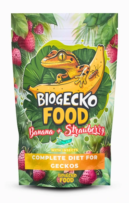 BioGecko Food Banana & Strawberry + Owady 100 g – pełnoporcjowy pokarm dla gekonów i innych jaszczurek